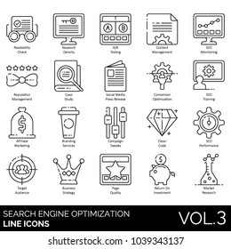 SEO & web line icons. Readability check, keyword density, ab testing, content management, reputation, case study, press release, conversion, affiliate marketing, clean code, target audience, branding.