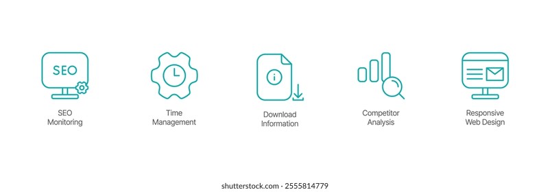 SEO and Web Management Icon Set – SEO Monitoring, Time Management, Download Information, Competitor Analysis, and Responsive Web Design Design.