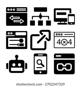 SEO e Web Management Icon Set Search Engine Otimization, Link Building, 404 Error, Design Responsivo e Glifos de Estrutura de Site