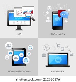 SEO web mobile concepts social media application e-commerce icons set isolated vector illustration