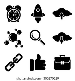SEO web and mobile logo icons collection isolated on white back. Vector symbols of rocket, clouds, like etc
