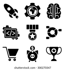 SEO web and mobile logo icons collection isolated on white back. Vector symbols of rocket, globe, profit etc