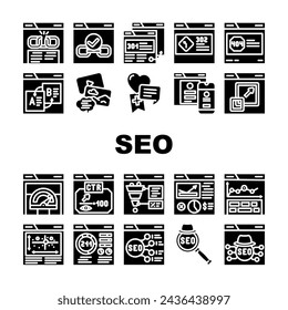 seo web tech business digital icons set vector. technical secure, website analytics, consulting traffic, market, page, cyber keyword seo web tech business digital glyph pictogram Illustrations