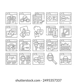 Web seo tecnología negocio digital iconos conjunto Vector. técnico seguro, análisis de Sitio web, consultoría de tráfico, mercado, página, Palabra clave cibernética Web seo tecnología negocio digital negro contorno ilustraciones