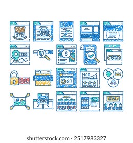 seo web consultoria técnica doodle ícones definir vetor. esboço linha arte link ui, tráfego de palavra-chave, página de mercado, suporte social, mídia, calendário, seo web consultoria técnica ativa ilustrações em cores