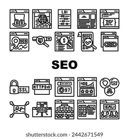 seo web technical consulting icons set vector. link ui, keyword traffic, market page, social support, media, calendar, active seo web technical consulting black contour illustrations