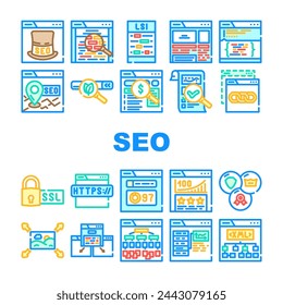 seo web technical consulting icons set vector. link ui, keyword traffic, market page, social support, media, calendar, active seo web technical consulting color line illustrations