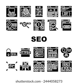 Enlace ui, tráfico de Palabra clave, página de mercado, Asistencia social, medios de comunicación, Web Vector, Web seo activo consultoría técnica glifo pictograma Ilustraciones
