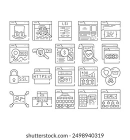 seo web technische beratung icons set vektor. link ui, Keyword-Traffic, Marktseite, Social Support, Medien, Kalender, aktives seo Web technische Beratung schwarze Kontur Illustrationen