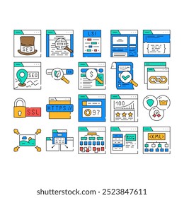 Web de SEO Iconos de consultoría técnica Conjunto de Vectores Enlace UI, tráfico de Palabra clave, página de mercado, Asistencia social, medios de comunicación, calendario, Web de SEO activo Consultoría técnica Color Contour Ilustraciones