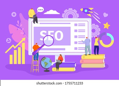 Seo web technology concept, vector illustration. Internet business, design and development website people content. Flat management teamwork in digital infographic, background banner.