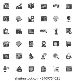 SEO and Web vector icons set, modern solid symbol collection, filled style pictogram pack. Signs logo illustration. Set includes icons as Web analytics, Strategy and Planning website, Keyword Research