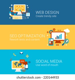 SEO webdesign social media concept flat icons set of processes search engine optimization word of mouth vector web banners illustration print materials website click infographics elements collection