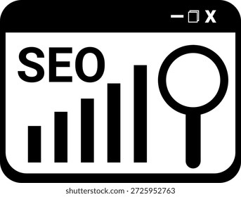 SEO Website Analytics Icon - Digitales Marketing Browserfenster mit Balkendiagramm und Vergrößerungsglas
