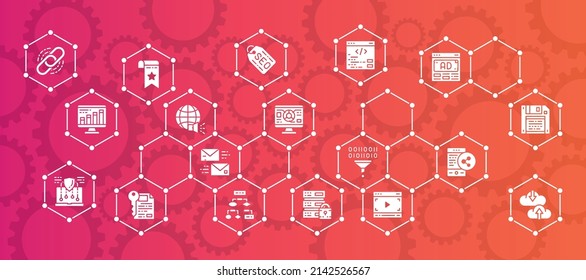 SEO website banner. Bookmark, Hosting, Hyperlink, Advertisement, Data Transfer vector illustration concept for business web banner, promotion design.