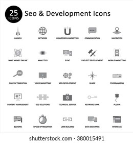 SEO and website Development Icon Set. Abstract vector set of Gray flat SEO and website Development icons.
