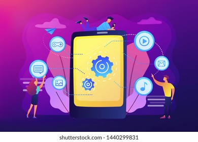 SEO, website, software development. App optimization, programming. Web designers, programmers cartoon characters. Mobile content concept. Bright vibrant violet vector isolated illustration