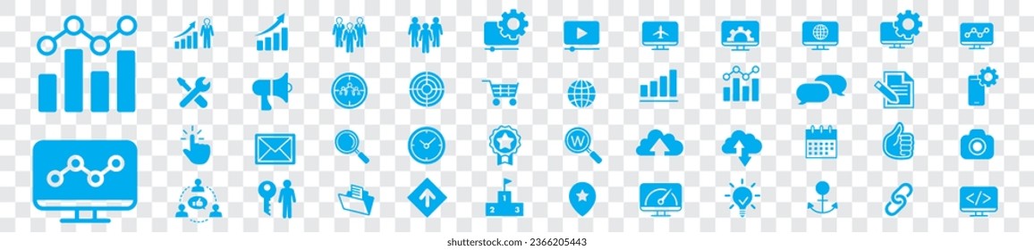 Seo Sitio Web Objetivo Aumentar ventas Motor de búsqueda Estadísticas de ventas móviles Gestión de tráfico red social Gear rueda Optimización Señales Icons Vector