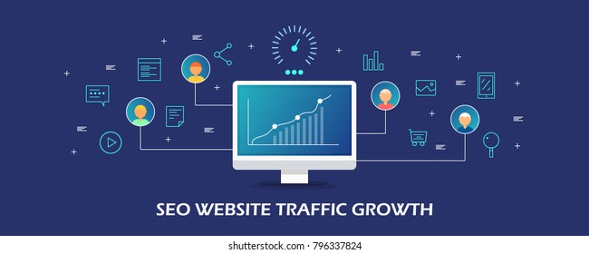 Seo, website traffic, Growth analysis conceptual vector illustration with line icons on dark background