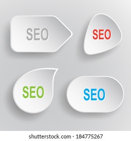 Seo. White flat vector buttons on gray background.