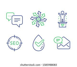 Seo, Winner podium and Dots message line icons set. Versatile, Dermatologically tested and New mail signs. Search target, First place, Chat bubble. Multifunction. Technology set. Vector