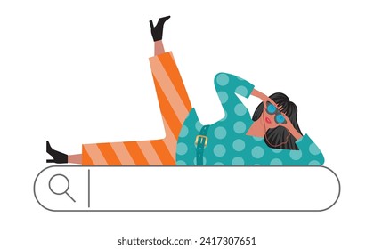 SEO. Woman in laying position with binoculars. Isolated. Vector illustration.