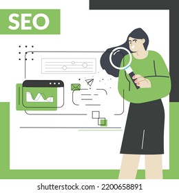 SEO. Woman stand on SEO top ranking dock. Google search screen with magnifier . Vector illustration flat design style.