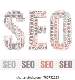 SEO Word Cloud Concept. Searching Engine Optimizing Vector Illustration