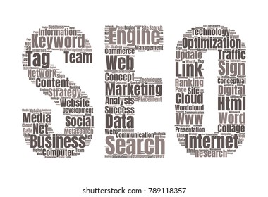 SEO Word Cloud Concept. Searching Engine Optimizing Vector Illustration