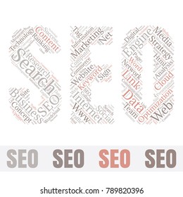 SEO Word Cloud Concept. Searching Engine Optimizing Vector Illustration
