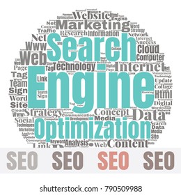 SEO Word Cloud Concept. Searching Engine Optimizing Vector Illustration