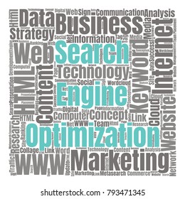 SEO Word Cloud Concept. Searching Engine Optimizing Vector Illustration