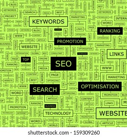 SEO. Wolke-Illustration. Tag Cloud Konzept Collage. Vektorgrafik. 