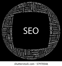 SEO. Word collage on black background. Illustration with different association terms.