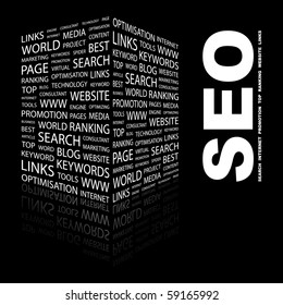 SEO. Word collage on black background. Illustration with different association terms.