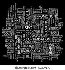 SEO. Word collage on black background. Illustration with different association terms.