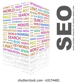 SEO. Word collage on white background. Illustration with different association terms.