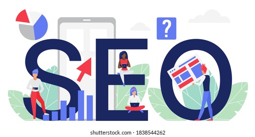 Seo Wort Konzept, Vektorgrafik. Cartoon-Flachanalysten, die auf Laptops oder Tablet-Computern arbeiten, die Analyse von Suchdaten im Internet für die Optimierung von Business und Marketing, Seo-Technologie einzeln auf Weiß