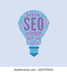 seo words cloud in lightbulb shape for seo and digital marketing business with illustration concept
