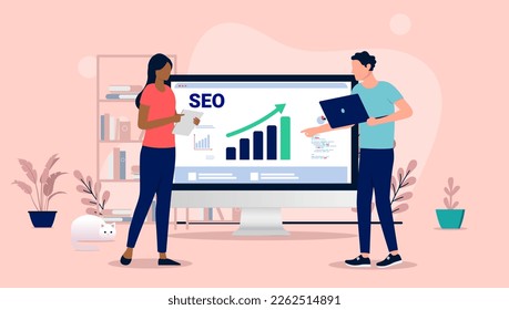 SEO work - People working with search engine optimisation on computer, showing charts and graphs with growth and success. Flat design vector illustration