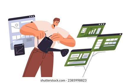 SEO trabaja con la promoción de sitios web, medios sociales. El gestor de contenido crea información en la aplicación. Trabajar con riego puede hacer crecer nuevas páginas web. Negocios en línea. Ilustración vectorial aislada plana en blanco