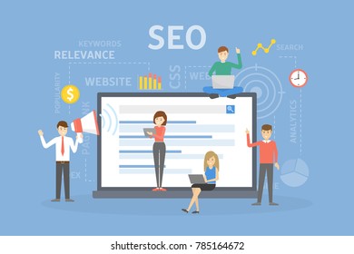 Seo working people. Big computer screen and staff.
