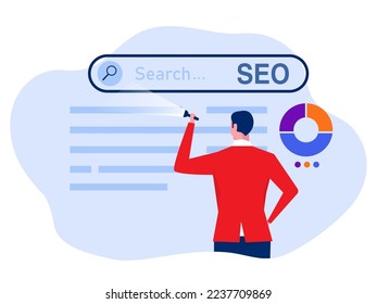 SEO, análisis de Businessman o optimización de motores de búsqueda para ayudar a que el sitio web alcance la posición más alta en la página de resultados de búsqueda, datos, selecciona palabras clave y optimiza el sitio para consultas populares de búsqueda. Ilustración del vector