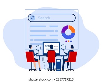 SEO,Businessman analysis or search engine optimization to help website reach top ranking in search result page,data, selects keywords and optimizes site for popular search queries. Vector illustration