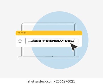 SEO-friendly URLs improve search engine rankings with clear, keyword-focused structures. Boosts website visibility, enhances organic traffic and simplifies user navigation. Outline vector illustration