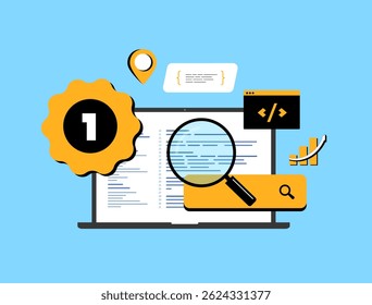 SEO-friendly website vector illustration. Seo friendly code writing and web design principles. Search engine optimized html website code. Digital marketing materials vector illustration