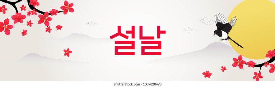 Seollal festival banner vector illustration. Magpie with plum blossom branches. Korean Translation: " Seollal : Korean lunar new year "