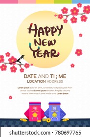  Seollal (Korean lunar new year ) poster vector illustration. Moon, Plum blossom and Sebaetdon (lucky bag) on traditional Korean roof. The words on bag is " well-being "