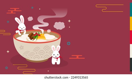 Seollal Korean new year greeting card vector design. Rabbits and Tteokguk (Rice cake soup) with copy space on red burgundy background