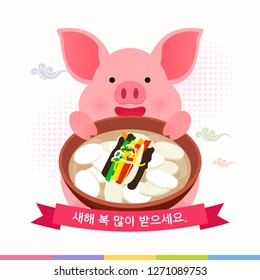 Seollal (Korean New Year) vector illustration. Cute pig holding Tteokguk(Rice cake soup). Korean Translation: " Happy New Year "